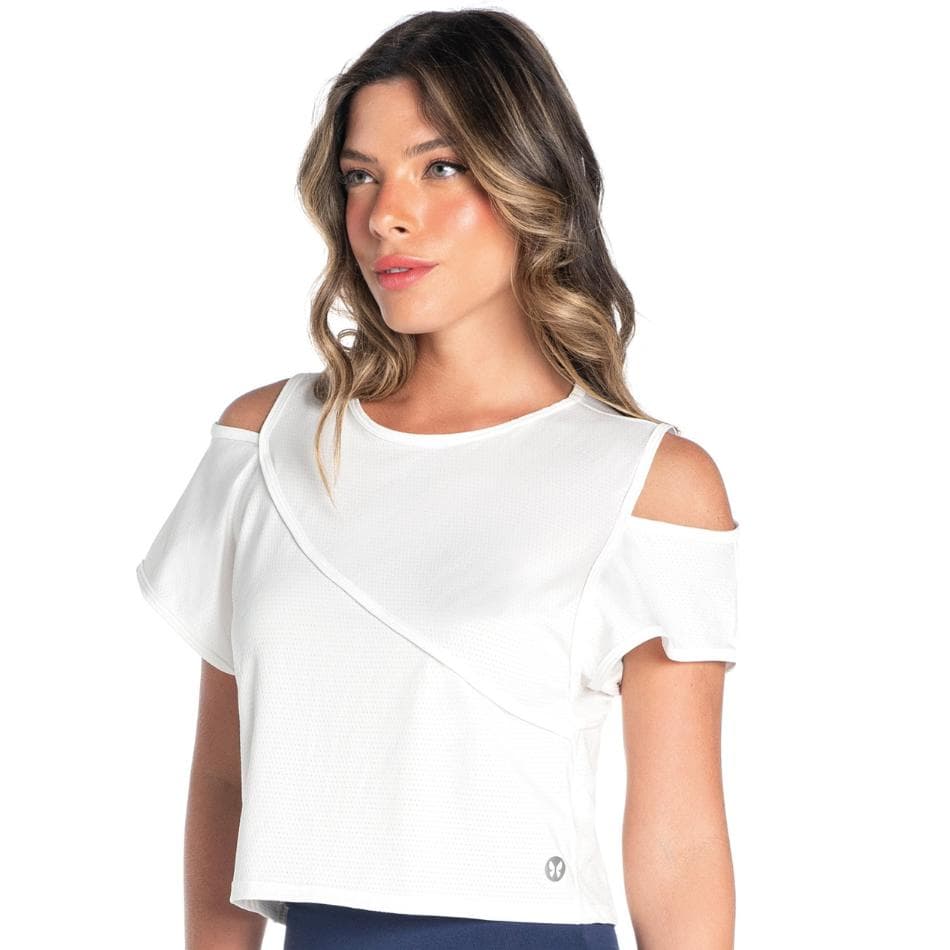 BLUSA DRY FIT MANGA CURTA COM ABERTURA NO OMBRO REF:BMC397.005 — OFF WHITE