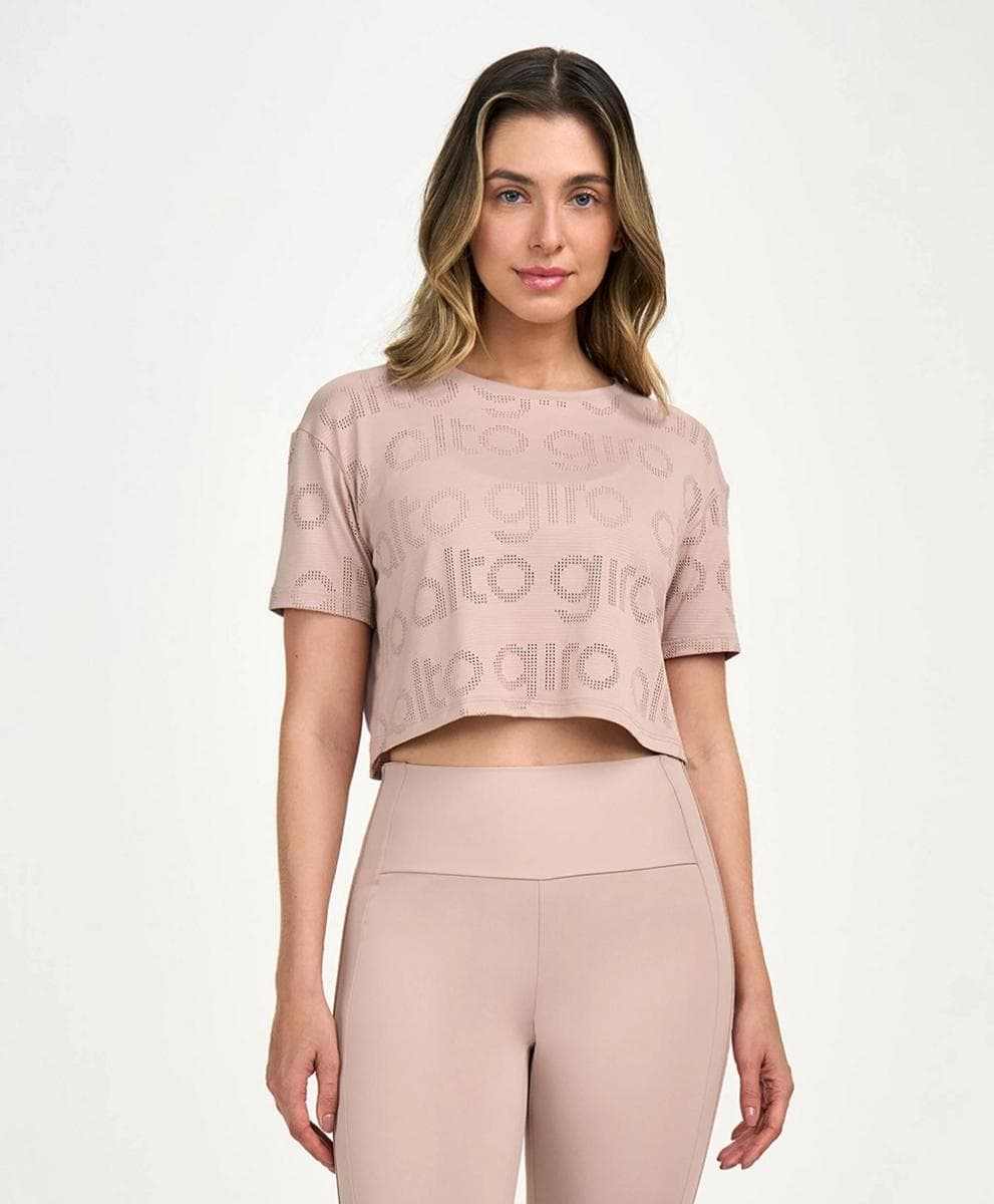 T-SHIRT ALTO GIRO CROPPED MESH FEMININA REF:2511706 — BEGE SUAVE